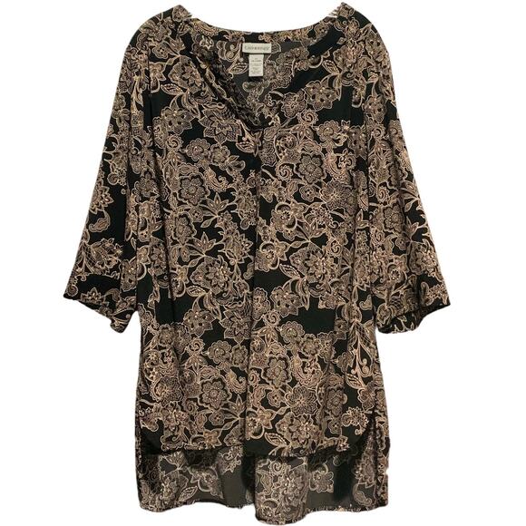 CATHERINES PRINT TOP 1X 18 / 20W 3/4 Sleeves Boho Flowy High-Low Hem - Picture 1 of 6